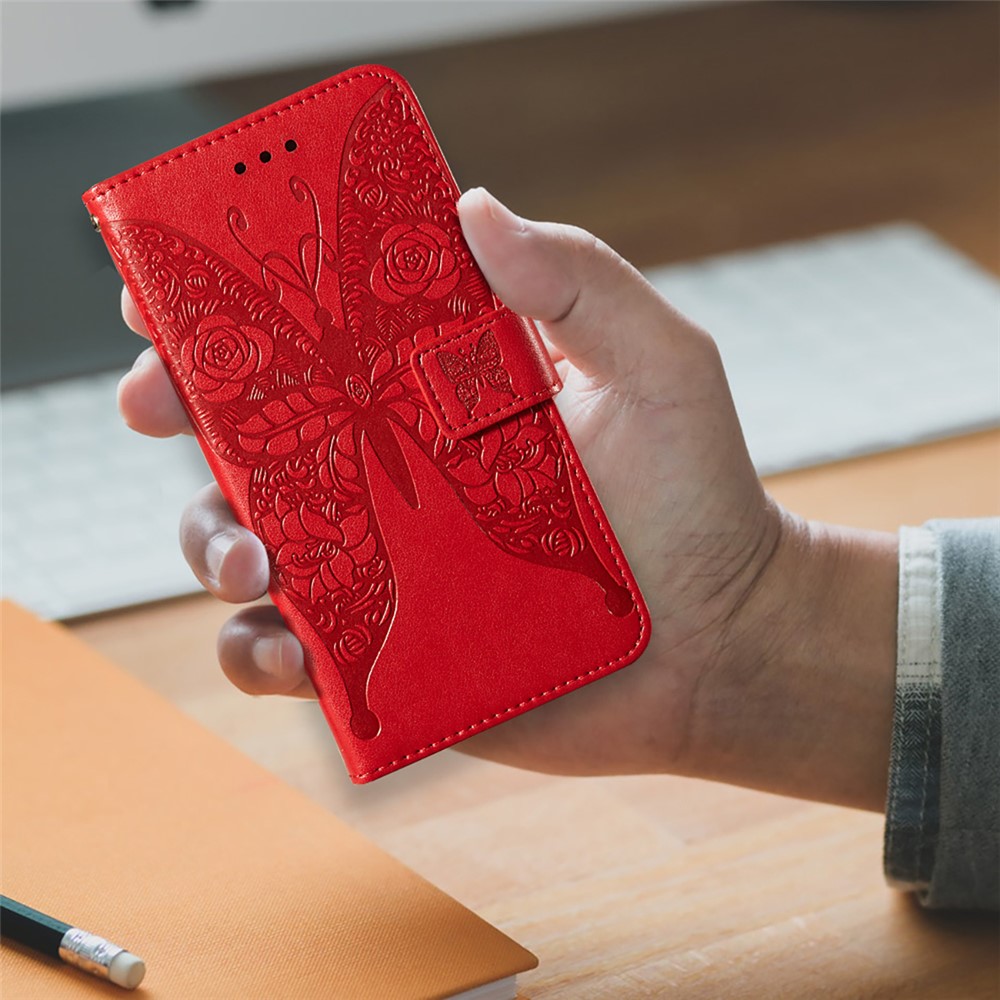 Para Samsung Galaxy A52 4G/5G / A52s 5G Imprimido Rose Butterflies Patrón Patrón de Cuero Funda de Cuero - Rojo