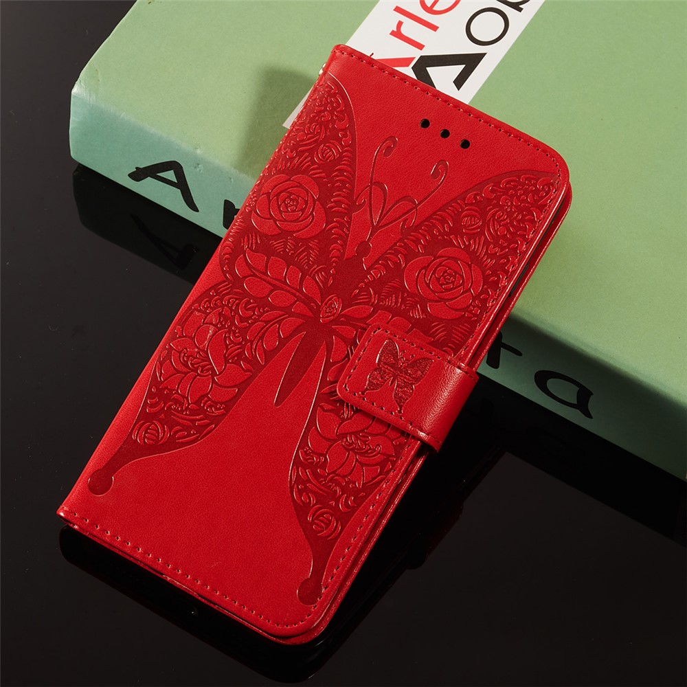 Para Samsung Galaxy A52 4G/5G / A52s 5G Imprimido Rose Butterflies Patrón Patrón de Cuero Funda de Cuero - Rojo