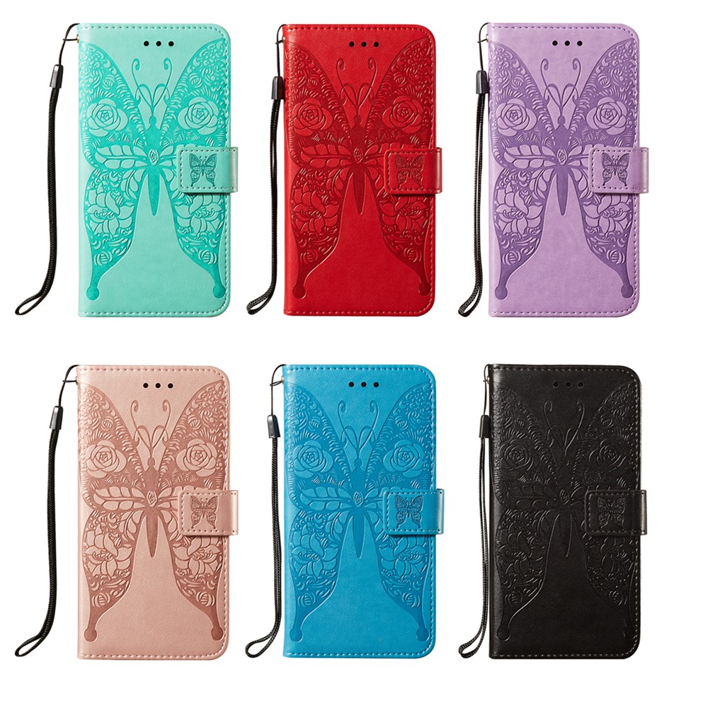 Para Samsung Galaxy A52 4G/5G / A52s 5G Imprimido Rose Butterflies Patrón Patrón de Cuero Funda de Cuero - Rojo