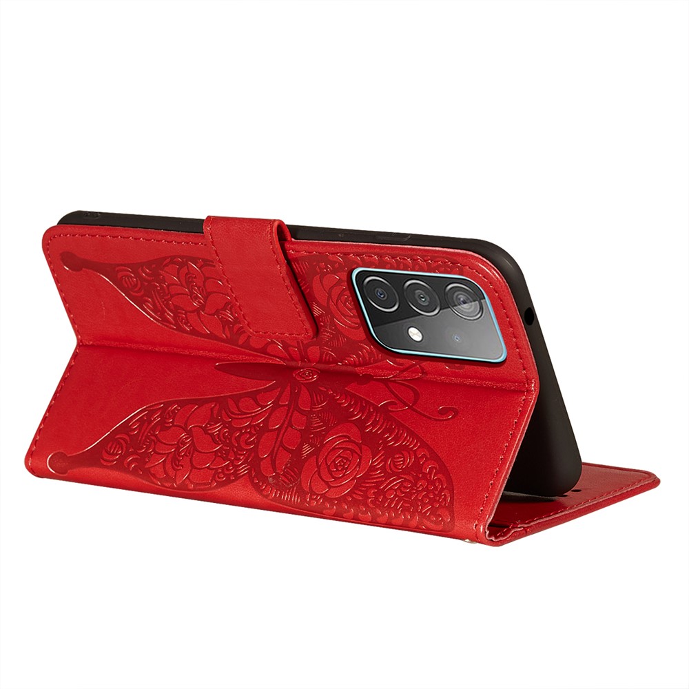 For Samsung Galaxy A52 5G Imprinted Rose Flower Butterflies Pattern Leather Wallet Stand Case - Red-6