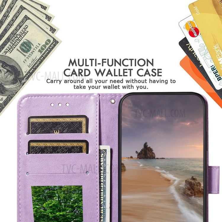 Wallet Leather Phone Stand Case with Flower Vine Imprinting for Samsung Galaxy A52 5G - Purple-12