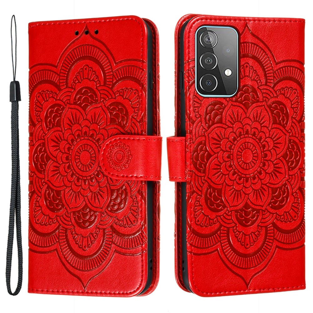Imprint Mandala Flower Wallet Leather Cover for Samsung Galaxy A52 5G Protective Stand Shell - Red-1