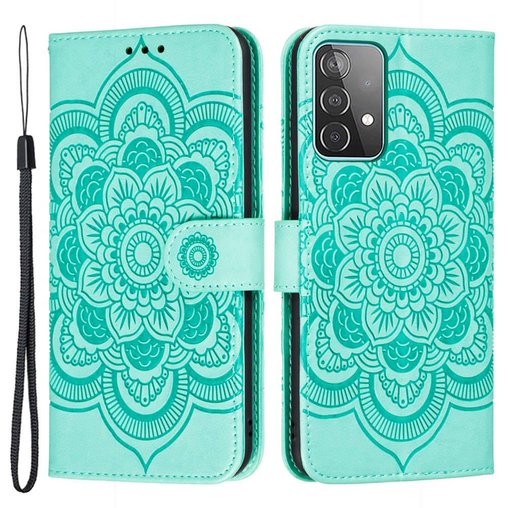 Imprint Mandala Flower Wallet Leather Cover for Samsung Galaxy A52 5G Protective Stand Shell - Green-1