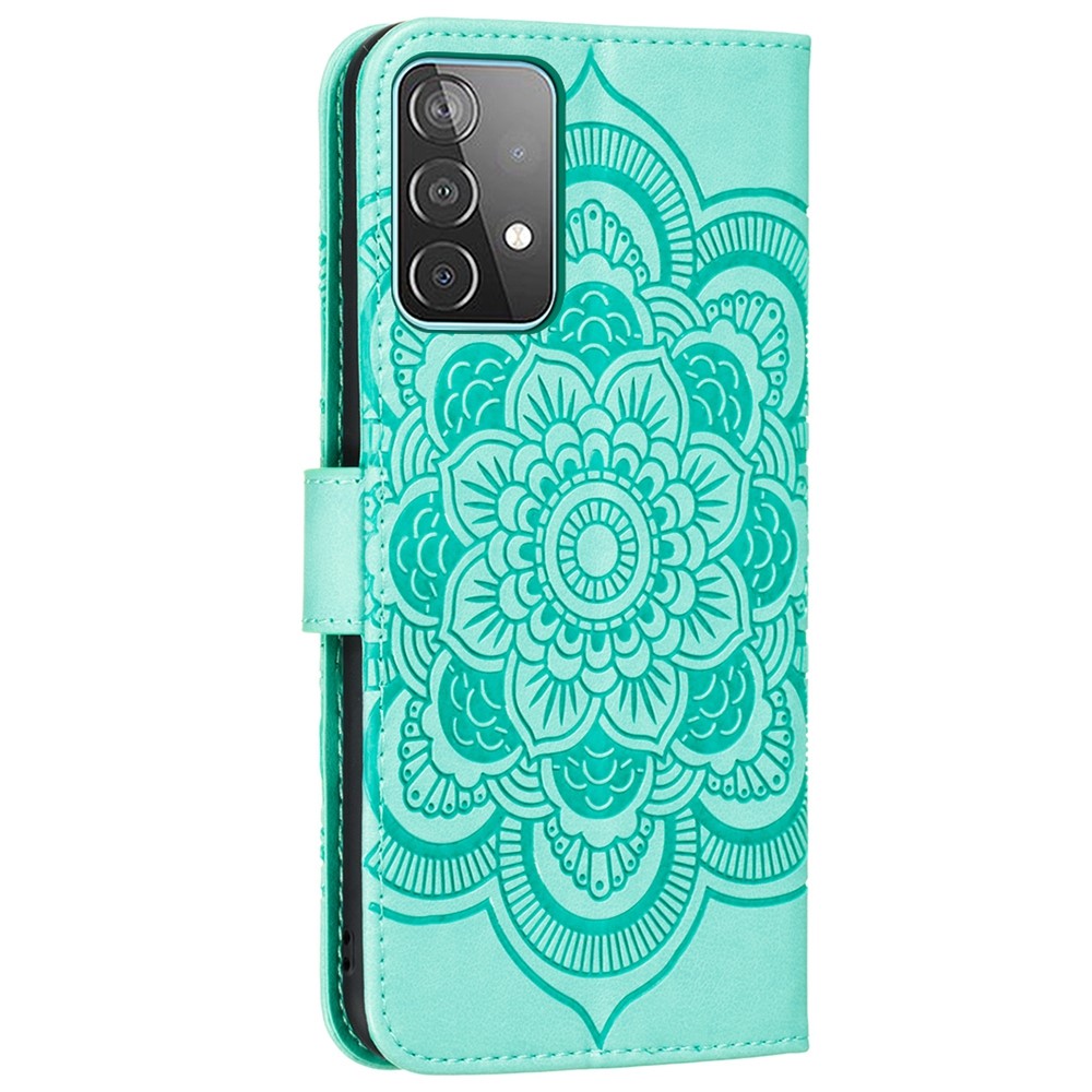 Imprint Mandala Flower Wallet Leather Cover for Samsung Galaxy A52 5G Protective Stand Shell - Green-3
