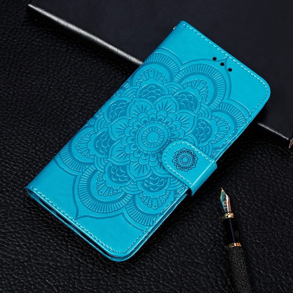 Impreinte Mandala Flower Portefeuille Couverture en Cuir Pour Samsung Galaxy A52 4g / 5G / Obus de Support de Protection A52s 5G - Bleu