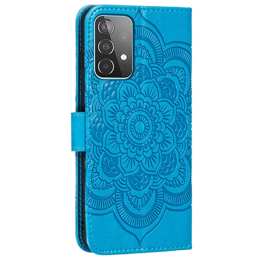 Impreinte Mandala Flower Portefeuille Couverture en Cuir Pour Samsung Galaxy A52 4g / 5G / Obus de Support de Protection A52s 5G - Bleu