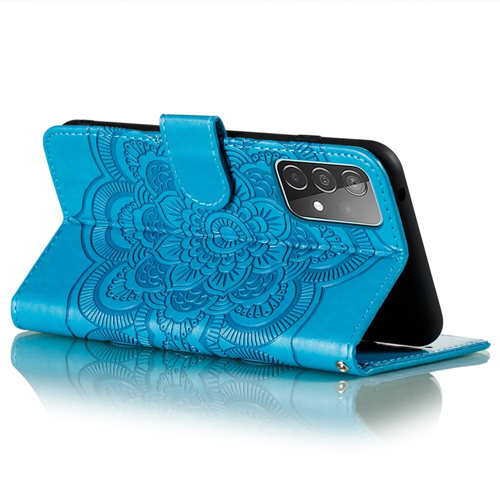 Imprint Mandala Flower Wallet Leather Cover for Samsung Galaxy A52 5G Protective Stand Shell - Blue-5