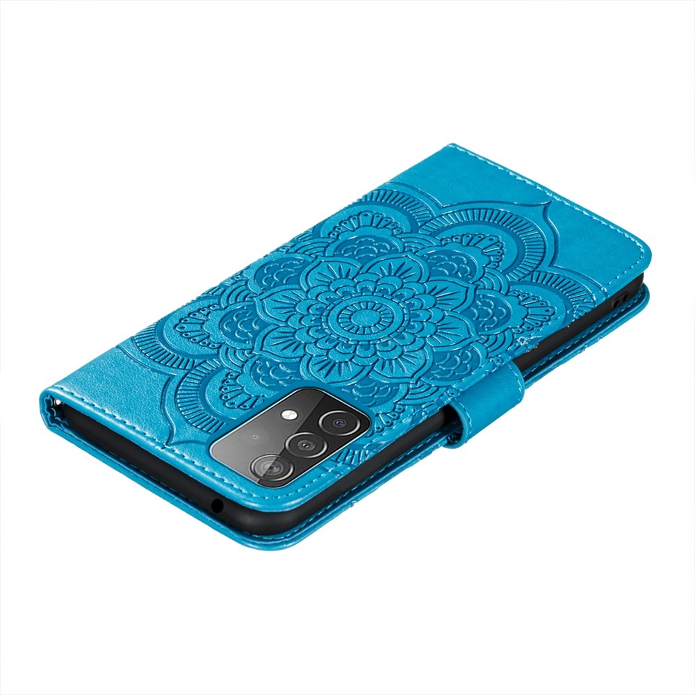 Impreinte Mandala Flower Portefeuille Couverture en Cuir Pour Samsung Galaxy A52 4g / 5G / Obus de Support de Protection A52s 5G - Bleu