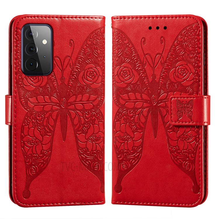 For Samsung Galaxy A72 5G Imprinted Rose Flower Butterflies Pattern Leather Wallet Stand Case - Red-1