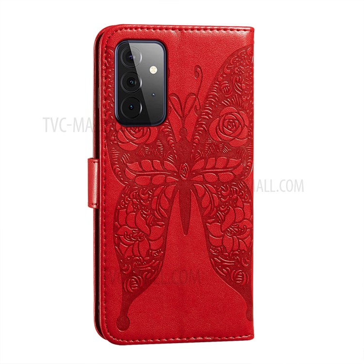 For Samsung Galaxy A72 5G Imprinted Rose Flower Butterflies Pattern Leather Wallet Stand Case - Red-4