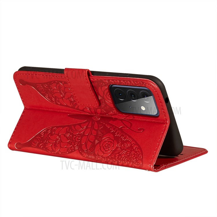 For Samsung Galaxy A72 5G Imprinted Rose Flower Butterflies Pattern Leather Wallet Stand Case - Red-5