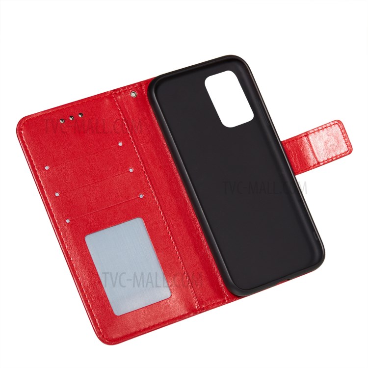 For Samsung Galaxy A72 5G Imprinted Rose Flower Butterflies Pattern Leather Wallet Stand Case - Red-7