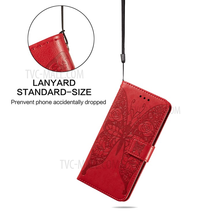 For Samsung Galaxy A72 5G Imprinted Rose Flower Butterflies Pattern Leather Wallet Stand Case - Red-8