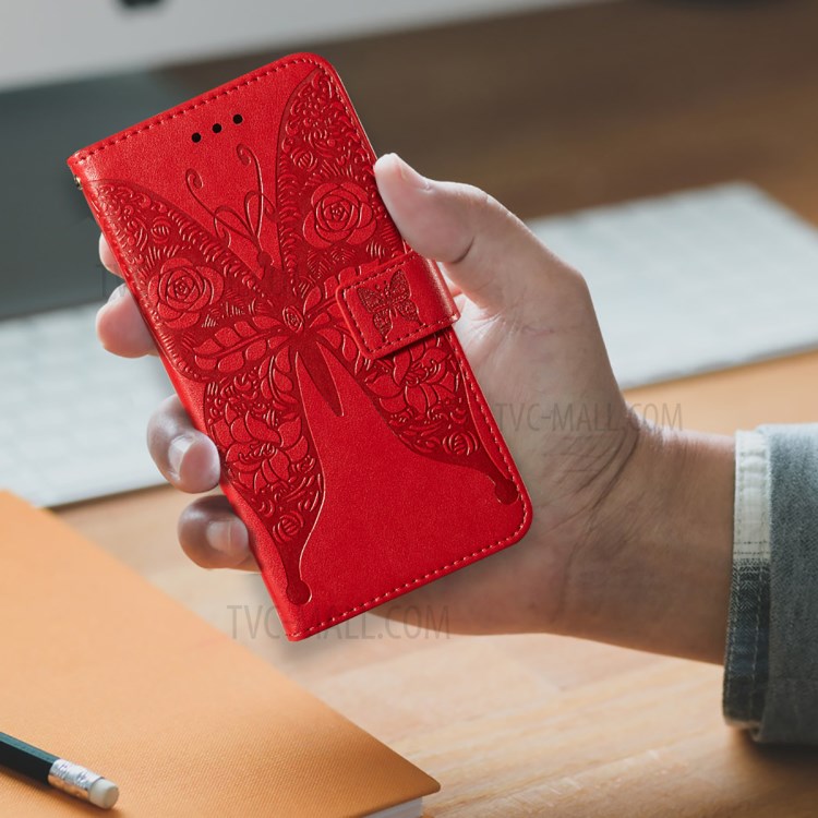 For Samsung Galaxy A72 5G Imprinted Rose Flower Butterflies Pattern Leather Wallet Stand Case - Red-9