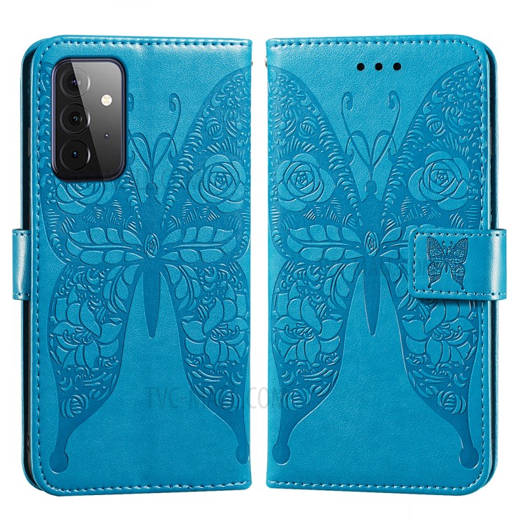 For Samsung Galaxy A72 5G Imprinted Rose Flower Butterflies Pattern Leather Wallet Stand Case - Blue-1