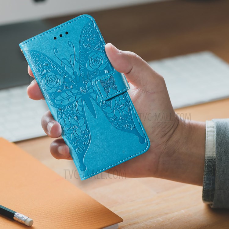 For Samsung Galaxy A72 5G Imprinted Rose Flower Butterflies Pattern Leather Wallet Stand Case - Blue-10