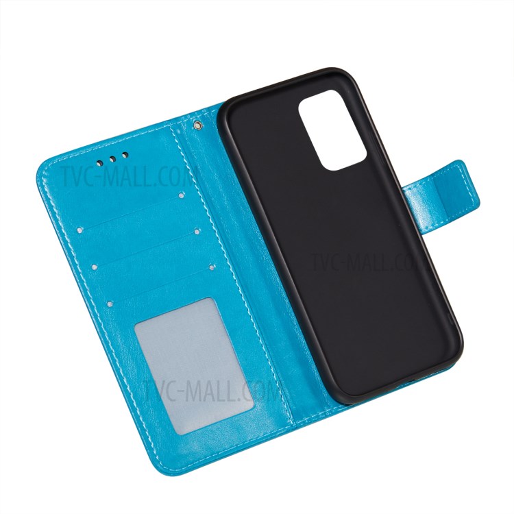 For Samsung Galaxy A72 5G Imprinted Rose Flower Butterflies Pattern Leather Wallet Stand Case - Blue-8