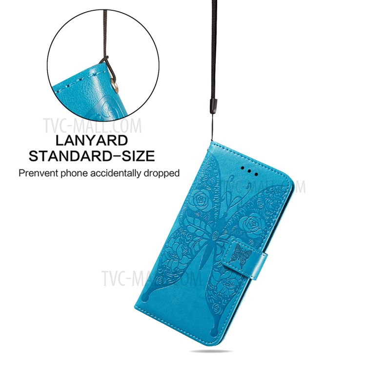 For Samsung Galaxy A72 5G Imprinted Rose Flower Butterflies Pattern Leather Wallet Stand Case - Blue-9