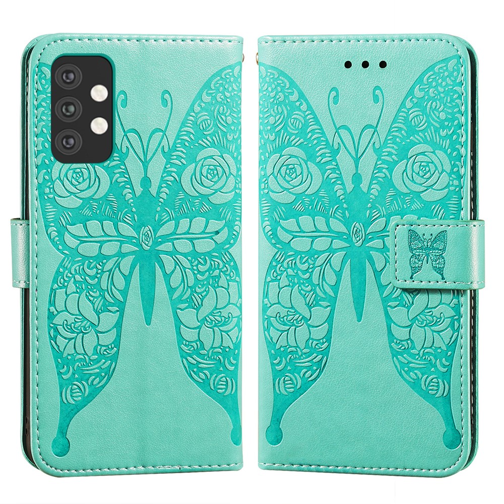 For Samsung Galaxy A32 5G Imprinted Rose Flower Butterflies Pattern Leather Wallet Stand Case - Green-1
