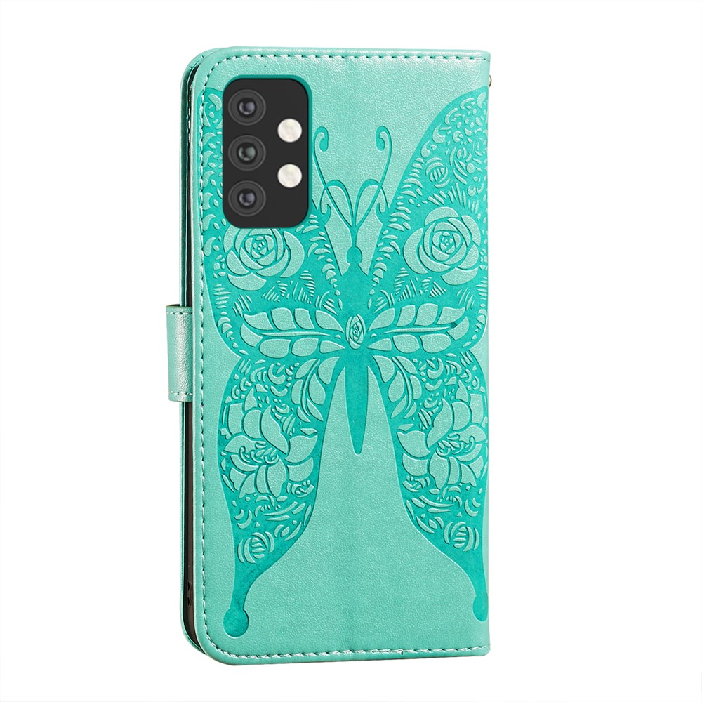 For Samsung Galaxy A32 5G Imprinted Rose Flower Butterflies Pattern Leather Wallet Stand Case - Green-5