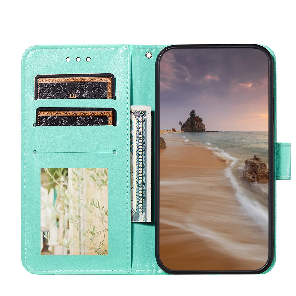 For Samsung Galaxy A32 5G Imprinted Rose Flower Butterflies Pattern Leather Wallet Stand Case - Green-6