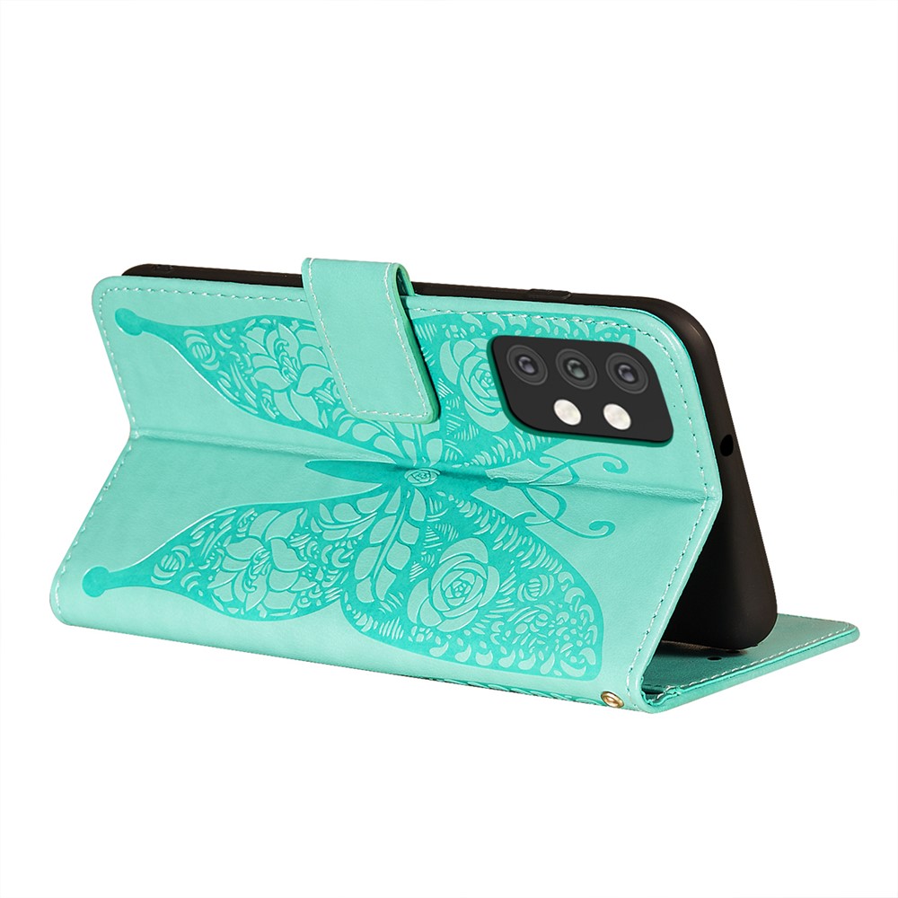 For Samsung Galaxy A32 5G Imprinted Rose Flower Butterflies Pattern Leather Wallet Stand Case - Green-7