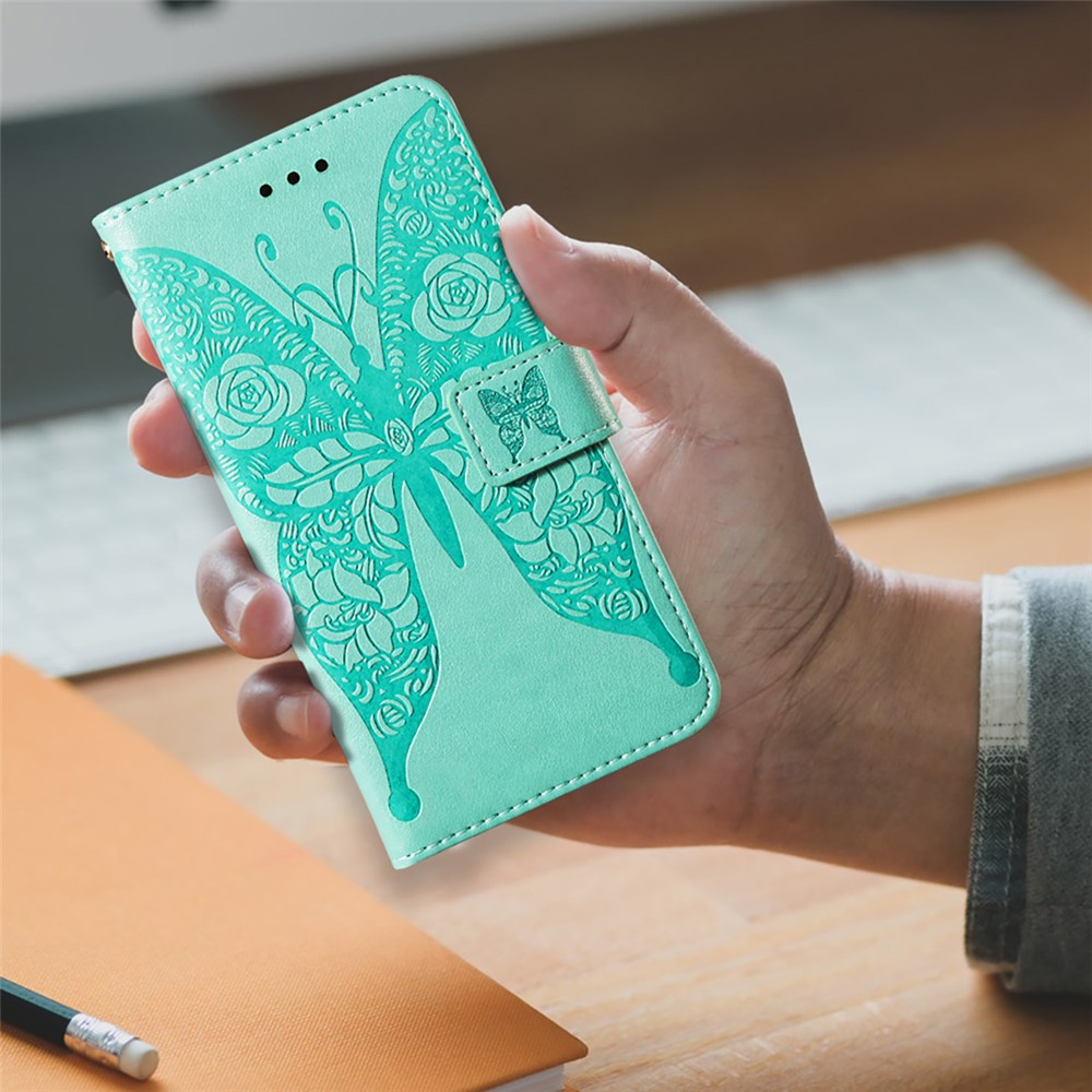 For Samsung Galaxy A32 5G Imprinted Rose Flower Butterflies Pattern Leather Wallet Stand Case - Green-11