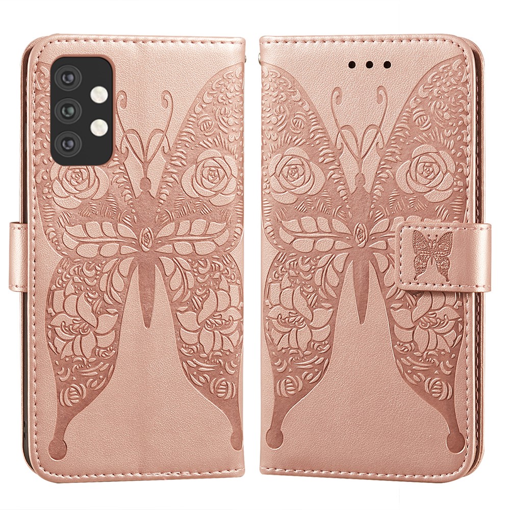 For Samsung Galaxy A32 5G Imprinted Rose Flower Butterflies Pattern Leather Wallet Stand Case - Rose Gold-1