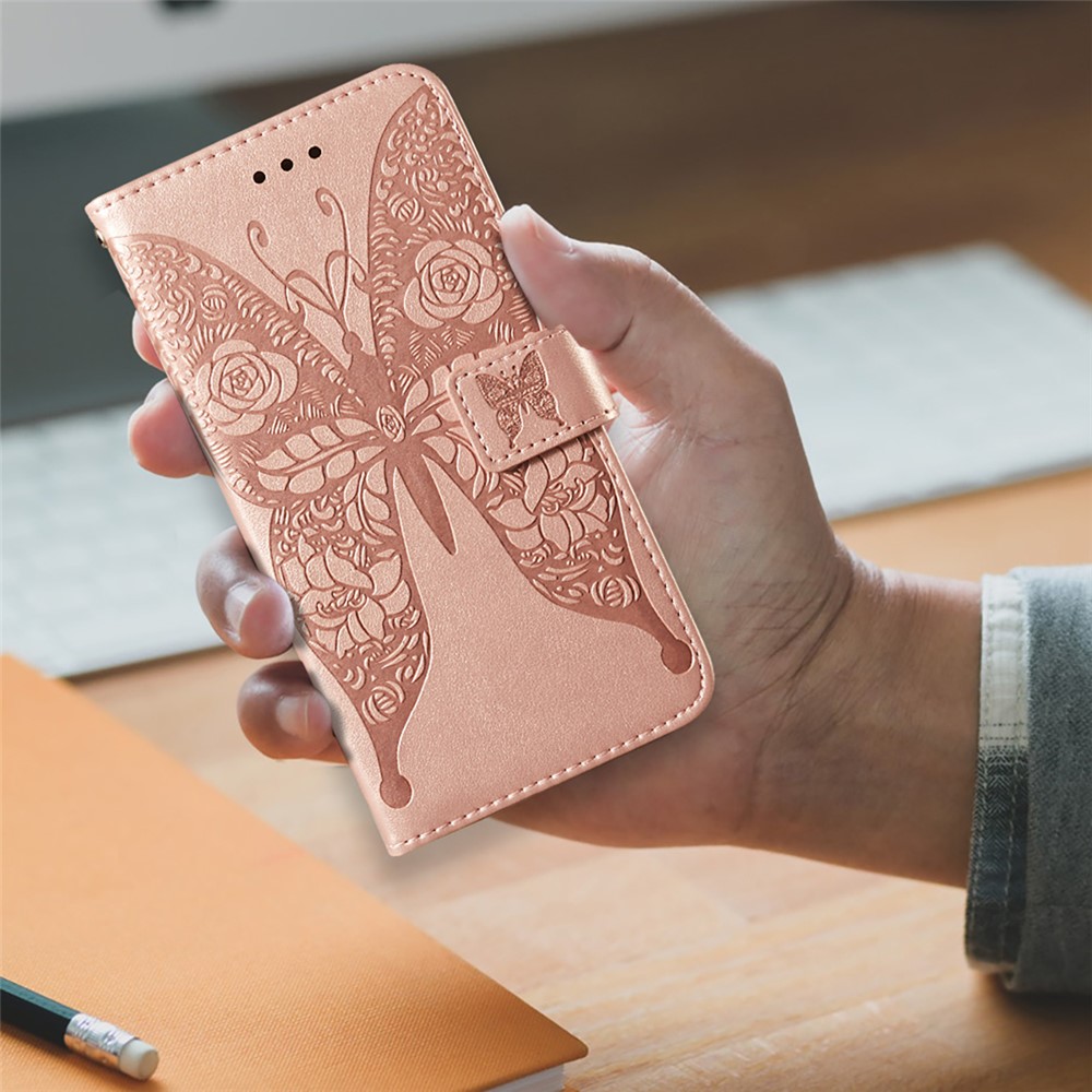 For Samsung Galaxy A32 5G Imprinted Rose Flower Butterflies Pattern Leather Wallet Stand Case - Rose Gold-10