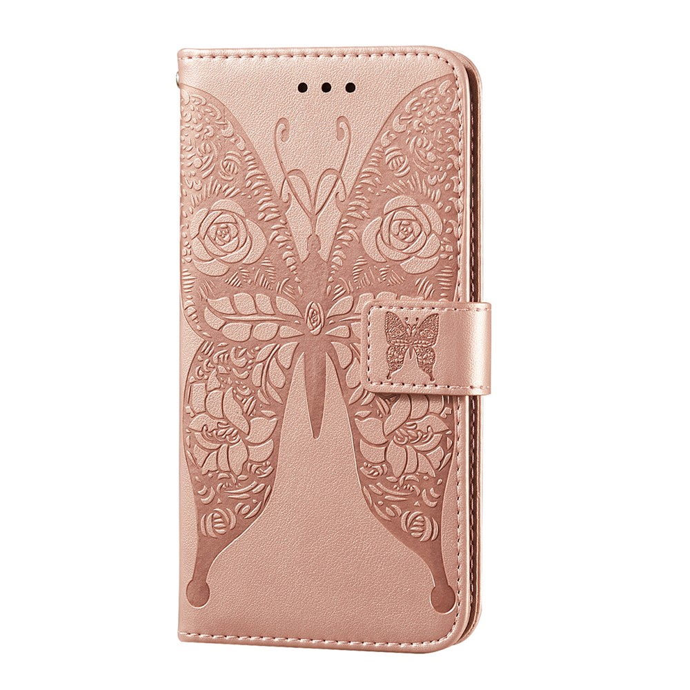 For Samsung Galaxy A32 5G Imprinted Rose Flower Butterflies Pattern Leather Wallet Stand Case - Rose Gold-3