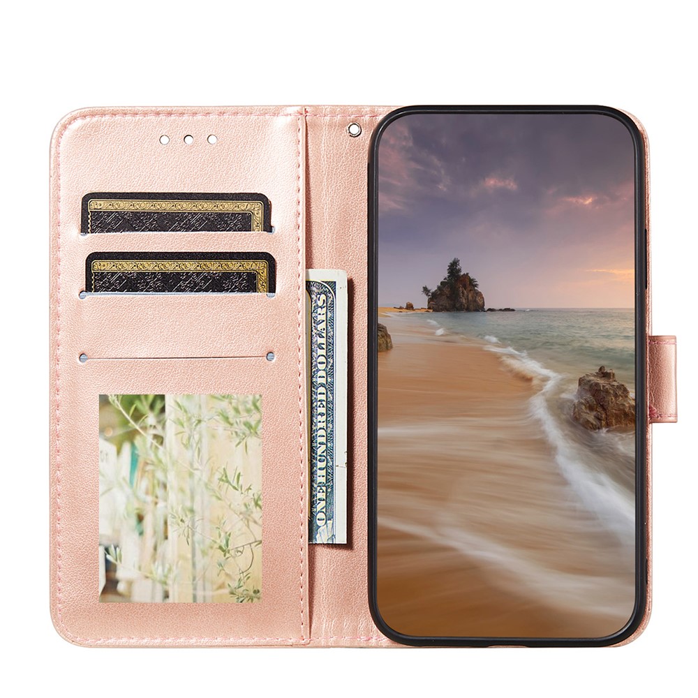 For Samsung Galaxy A32 5G Imprinted Rose Flower Butterflies Pattern Leather Wallet Stand Case - Rose Gold-5