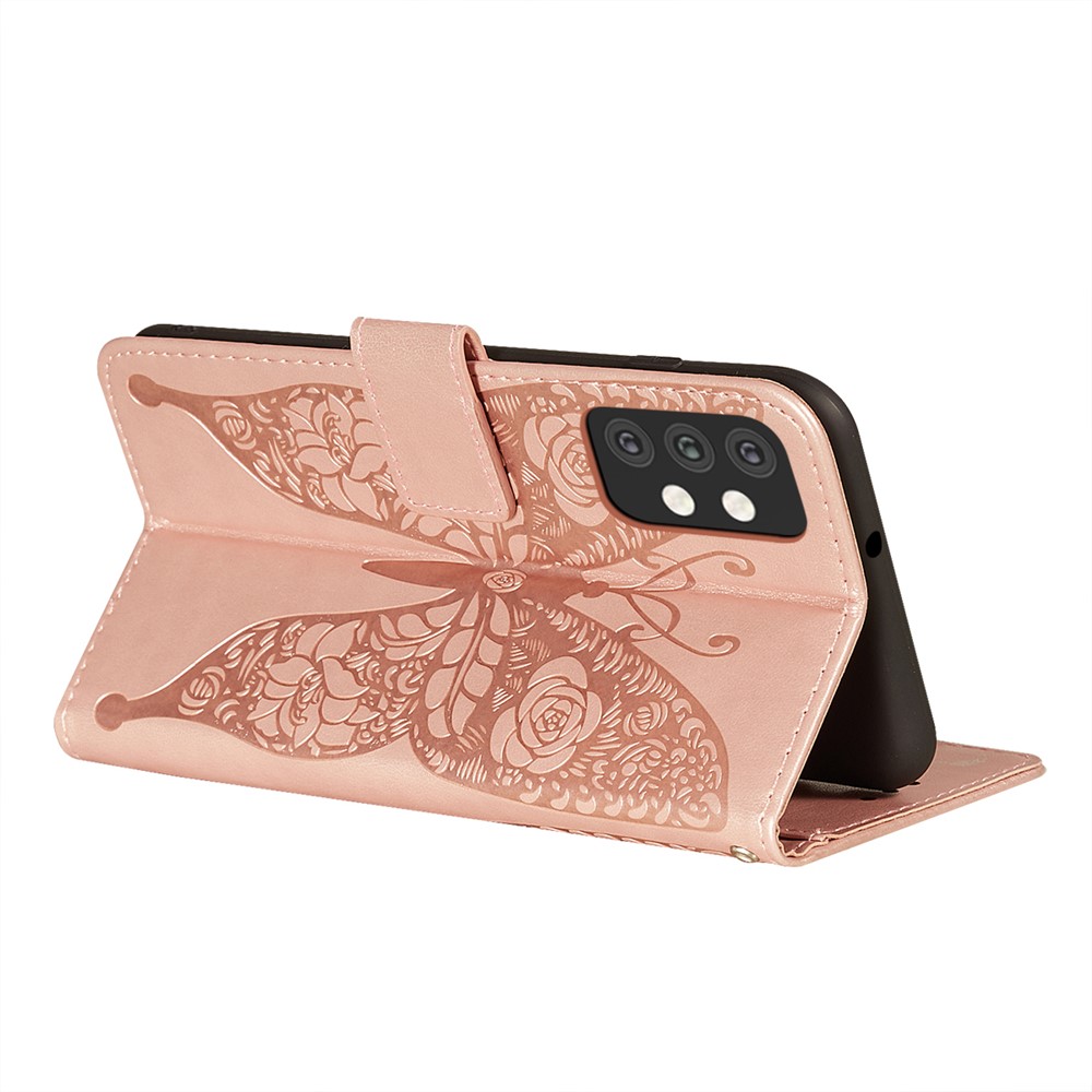 For Samsung Galaxy A32 5G Imprinted Rose Flower Butterflies Pattern Leather Wallet Stand Case - Rose Gold-6