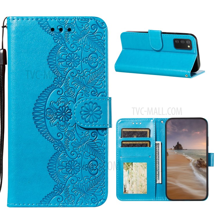 Wallet Leather Phone Stand Case with Flower Vine Imprinting for Samsung Galaxy A02s (EU Version) - Blue-1
