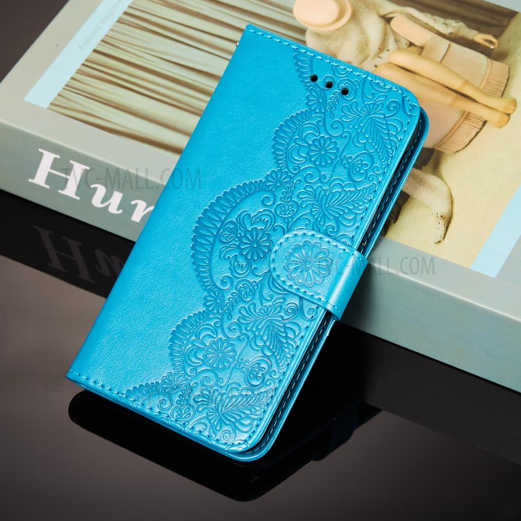 Wallet Leather Phone Stand Case with Flower Vine Imprinting for Samsung Galaxy A02s (EU Version) - Blue-10