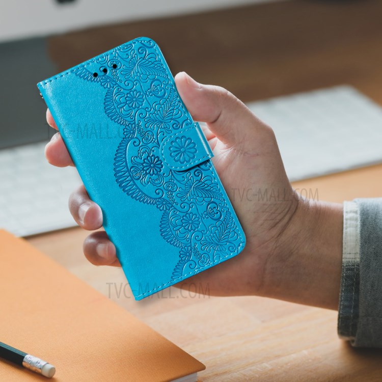 Wallet Leather Phone Stand Case with Flower Vine Imprinting for Samsung Galaxy A02s (EU Version) - Blue-9