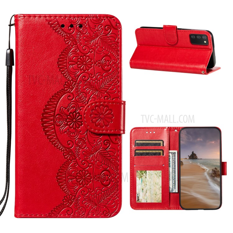 Wallet Leather Phone Stand Case with Flower Vine Imprinting for Samsung Galaxy A02s (EU Version) - Red-1