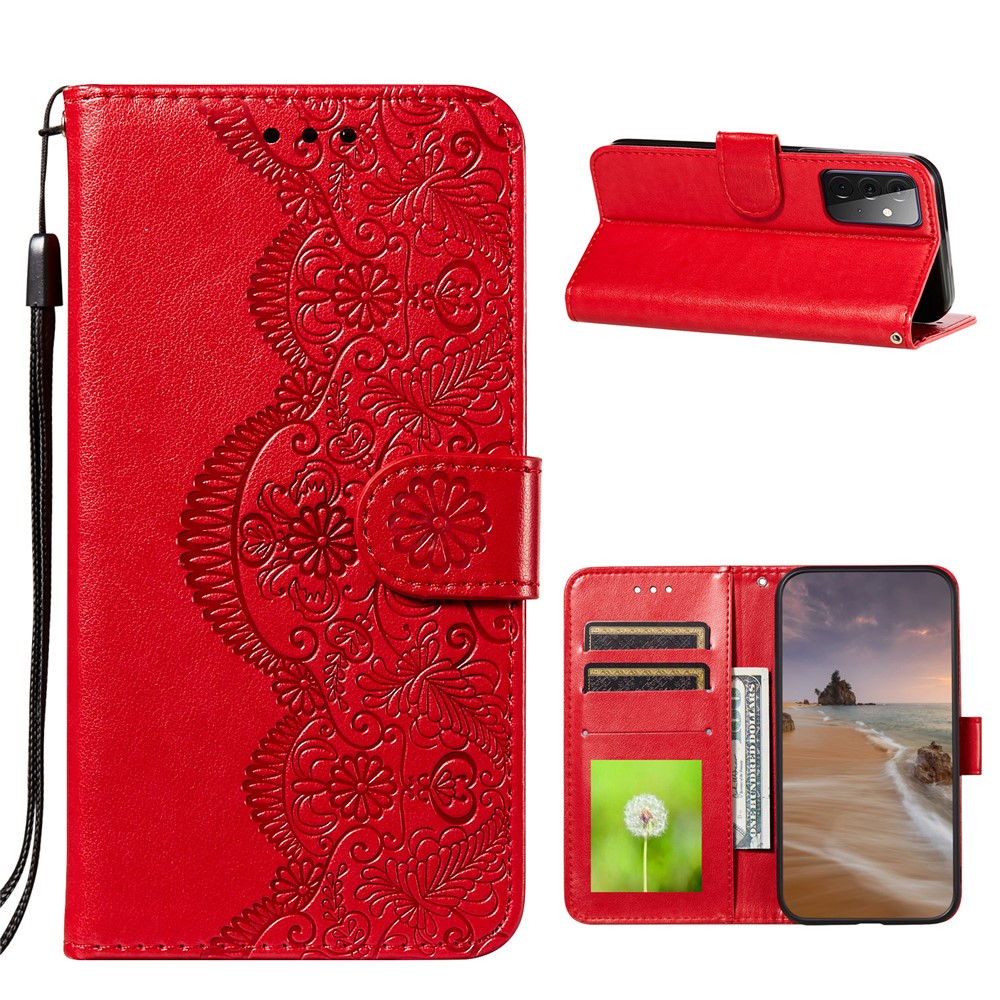 Imprinted Flower Vine Wallet Leather Cell Phone Case with Lanyard for Samsung Galaxy A72 5G - Red-1