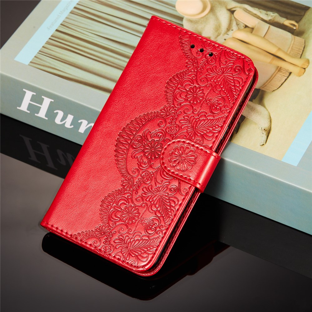 Imprinted Flower Vine Wallet Leather Cell Phone Case with Lanyard for Samsung Galaxy A72 5G - Red-10