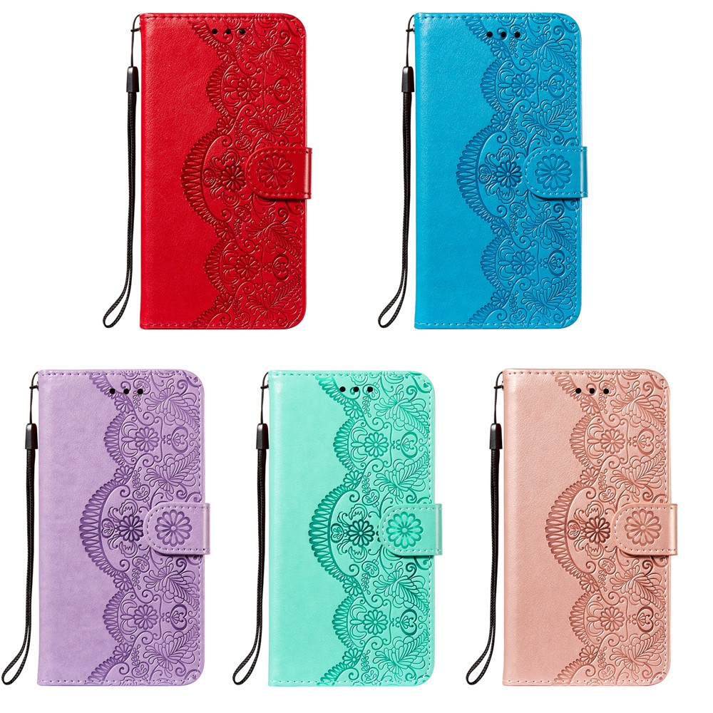 Imprinted Flower Vine Wallet Leather Cell Phone Case with Lanyard for Samsung Galaxy A72 5G - Red-11