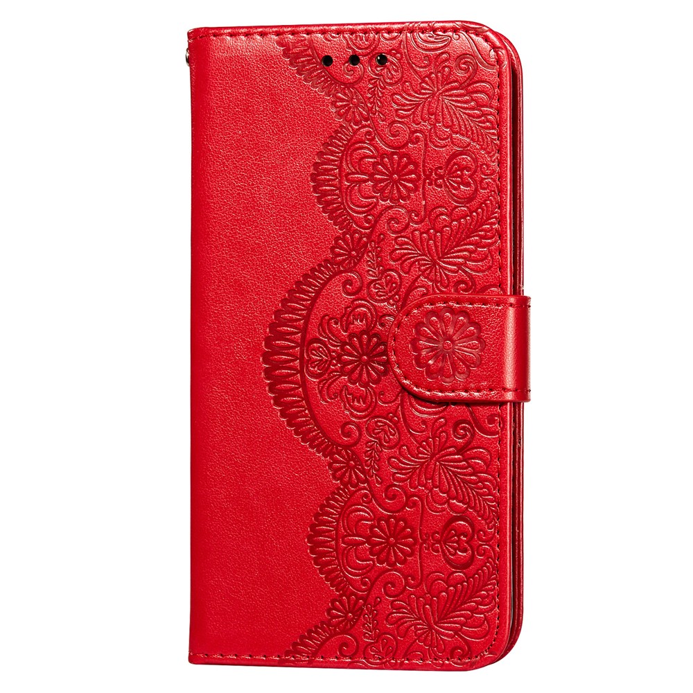 Imprinted Flower Vine Wallet Leather Cell Phone Case with Lanyard for Samsung Galaxy A72 5G - Red-2