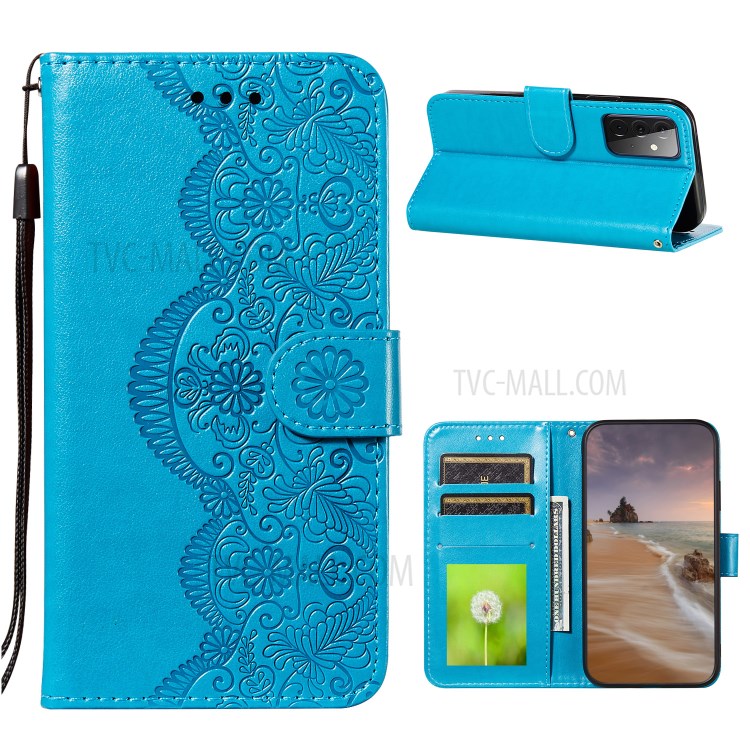 Imprinted Flower Vine Wallet Leather Cell Phone Case with Lanyard for Samsung Galaxy A72 5G - Blue-1