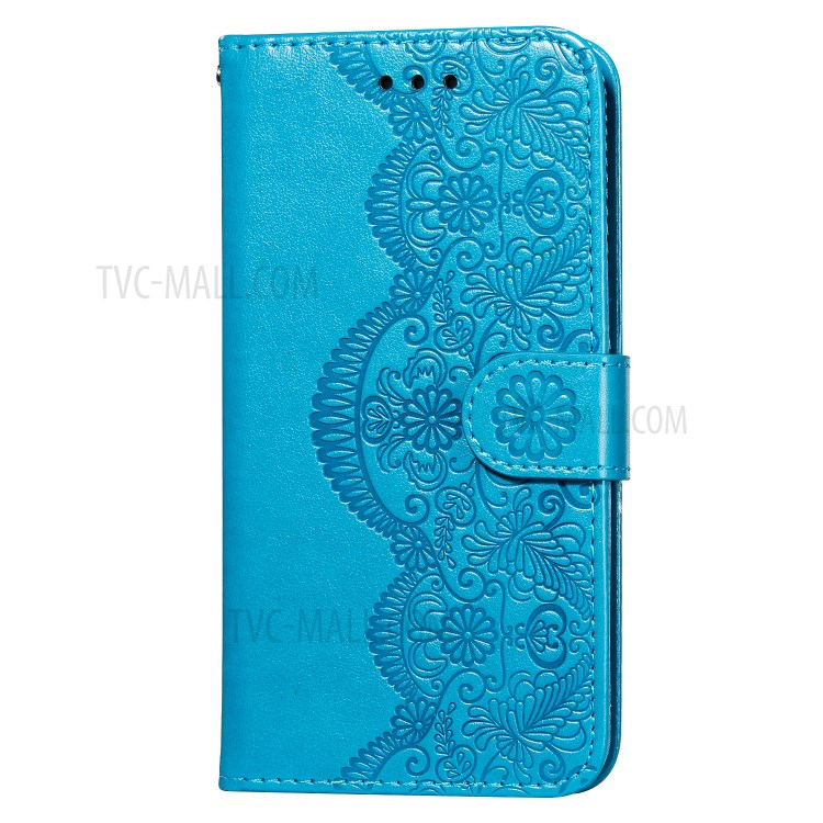 Imprinted Flower Vine Wallet Leather Cell Phone Case with Lanyard for Samsung Galaxy A72 5G - Blue-2
