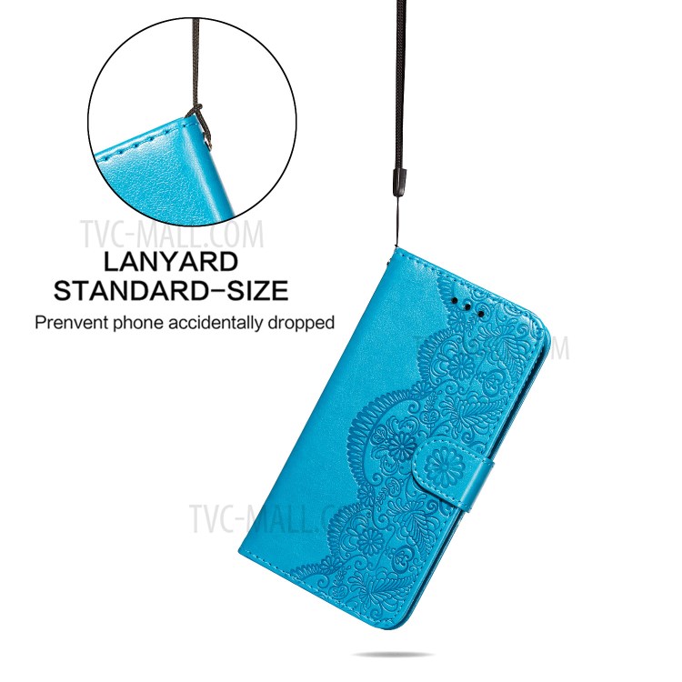 Imprinted Flower Vine Wallet Leather Cell Phone Case with Lanyard for Samsung Galaxy A72 5G - Blue-8