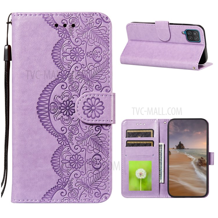 Imprinted Flower Vine Wallet PU Leather + TPU Case with Lanyard for Samsung Galaxy A12 - Purple-1