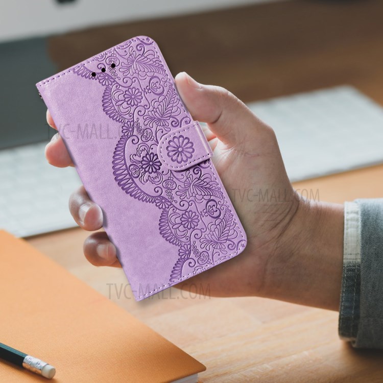 Imprinted Flower Vine Wallet PU Leather + TPU Case with Lanyard for Samsung Galaxy A12 - Purple-10