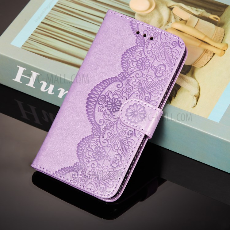 Imprinted Flower Vine Wallet PU Leather + TPU Case with Lanyard for Samsung Galaxy A12 - Purple-11