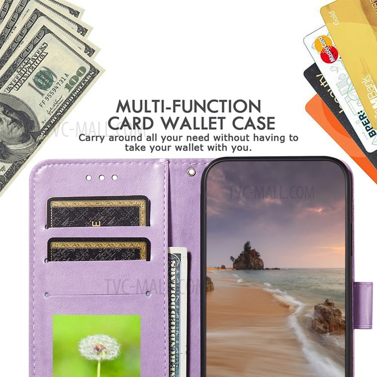 Imprinted Flower Vine Wallet PU Leather + TPU Case with Lanyard for Samsung Galaxy A12 - Purple-12
