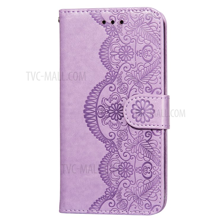 Imprinted Flower Vine Wallet PU Leather + TPU Case with Lanyard for Samsung Galaxy A12 - Purple-2