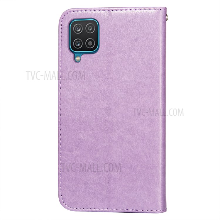 Imprinted Flower Vine Wallet PU Leather + TPU Case with Lanyard for Samsung Galaxy A12 - Purple-3