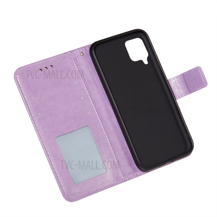 Imprinted Flower Vine Wallet PU Leather + TPU Case with Lanyard for Samsung Galaxy A12 - Purple-5